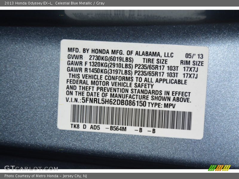 Celestial Blue Metallic / Gray 2013 Honda Odyssey EX-L