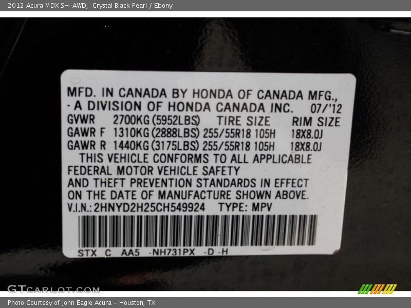 Crystal Black Pearl / Ebony 2012 Acura MDX SH-AWD