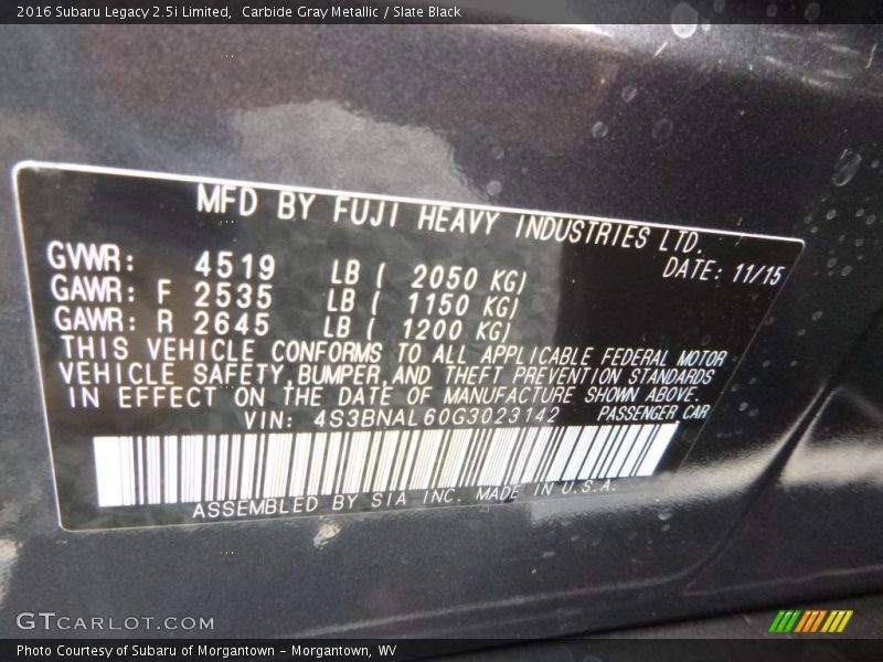 Carbide Gray Metallic / Slate Black 2016 Subaru Legacy 2.5i Limited