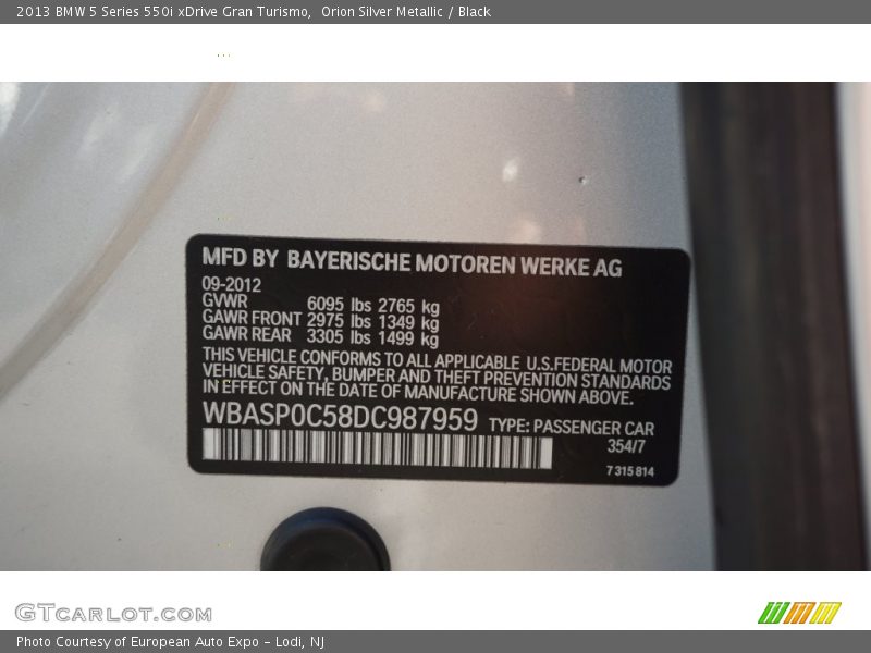 2013 5 Series 550i xDrive Gran Turismo Orion Silver Metallic Color Code 354