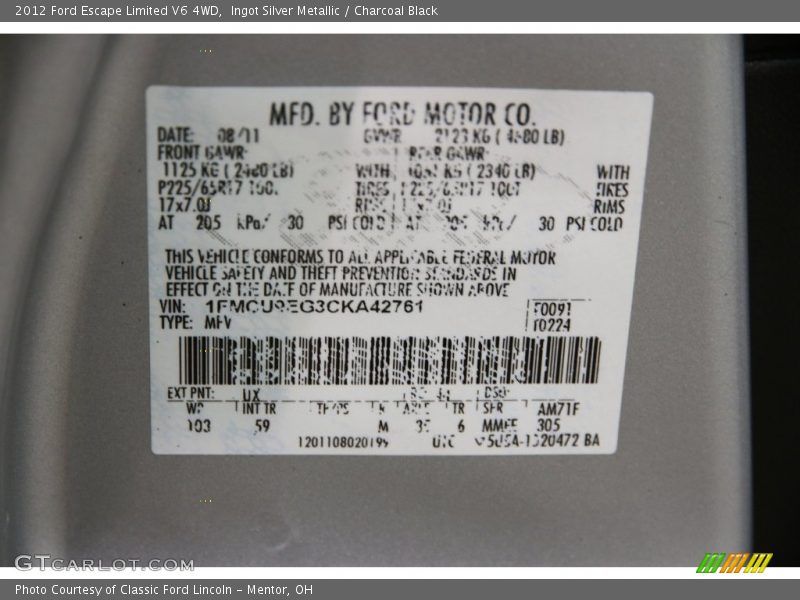 Ingot Silver Metallic / Charcoal Black 2012 Ford Escape Limited V6 4WD