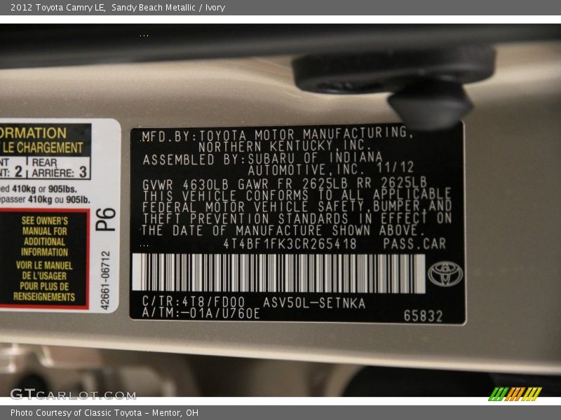 Sandy Beach Metallic / Ivory 2012 Toyota Camry LE