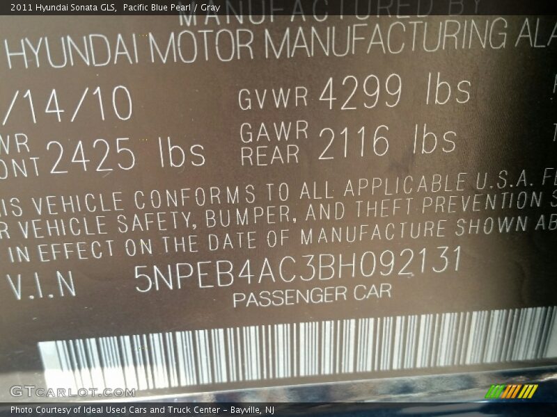 Pacific Blue Pearl / Gray 2011 Hyundai Sonata GLS