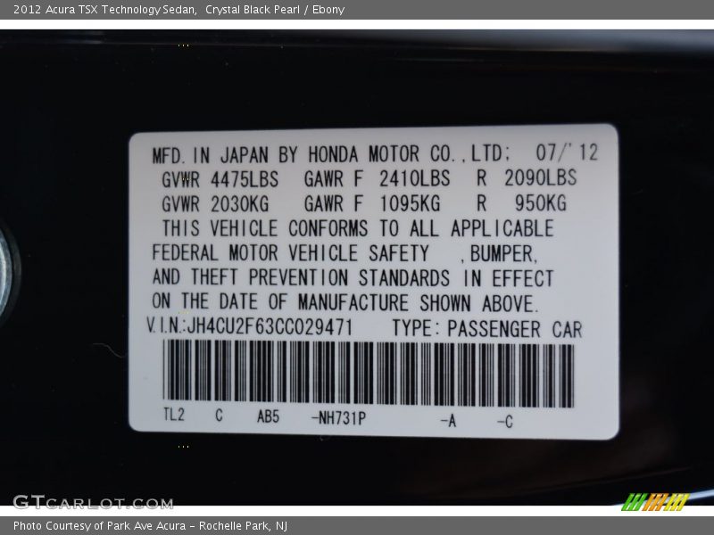 Crystal Black Pearl / Ebony 2012 Acura TSX Technology Sedan
