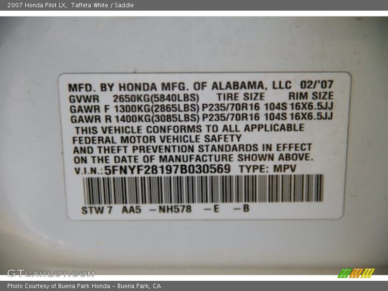 Taffeta White / Saddle 2007 Honda Pilot LX