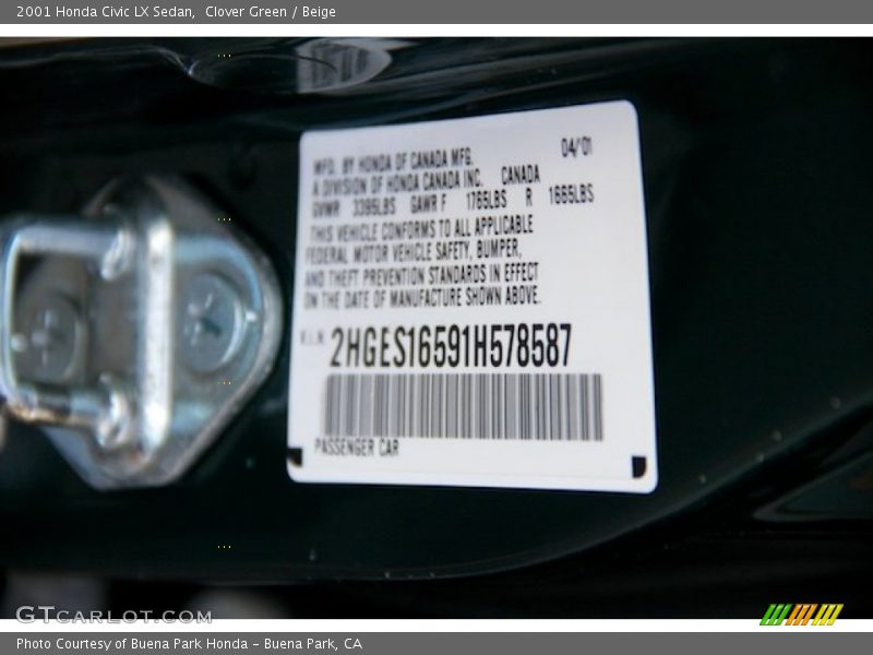 Clover Green / Beige 2001 Honda Civic LX Sedan