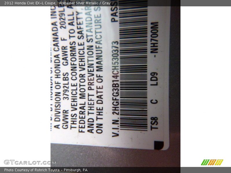 Alabaster Silver Metallic / Gray 2012 Honda Civic EX-L Coupe