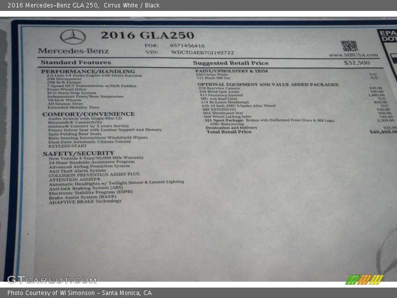 Cirrus White / Black 2016 Mercedes-Benz GLA 250