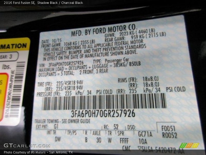 Shadow Black / Charcoal Black 2016 Ford Fusion SE