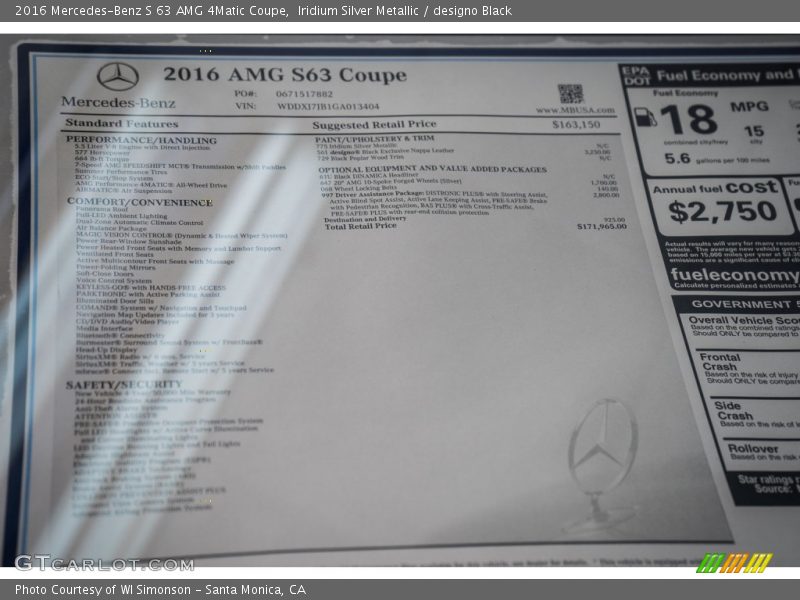  2016 S 63 AMG 4Matic Coupe Window Sticker