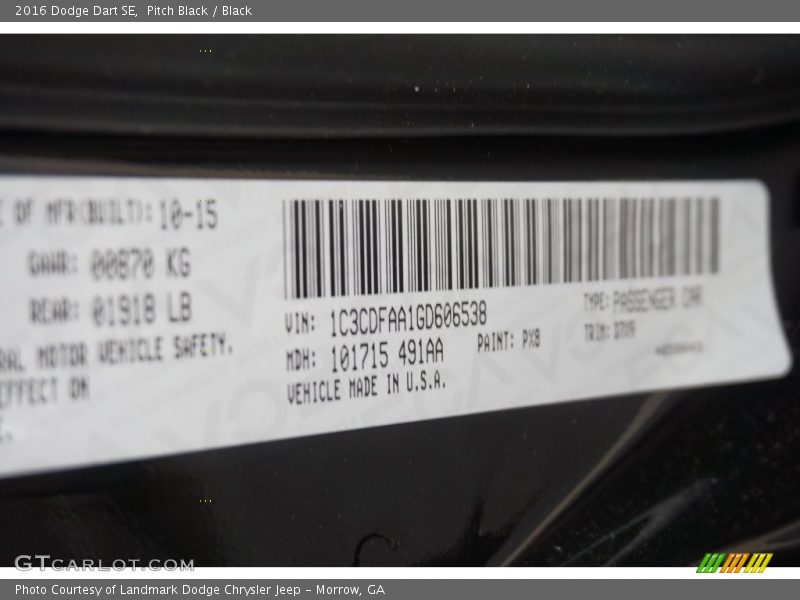 Pitch Black / Black 2016 Dodge Dart SE