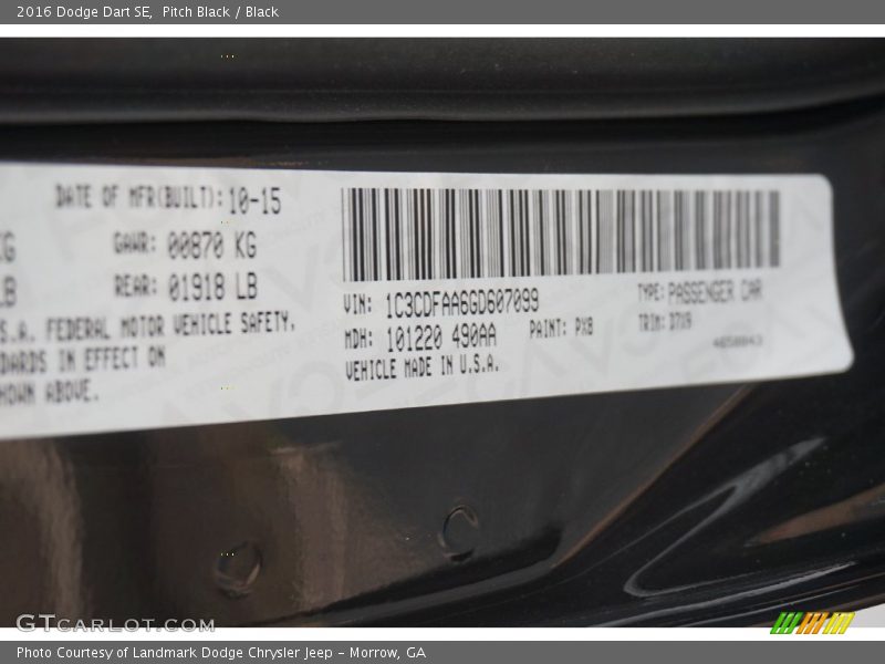 Pitch Black / Black 2016 Dodge Dart SE