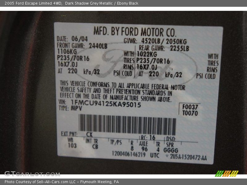 Dark Shadow Grey Metallic / Ebony Black 2005 Ford Escape Limited 4WD