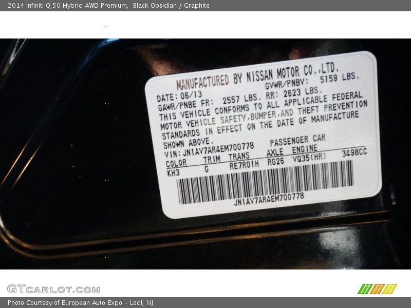 2014 Q 50 Hybrid AWD Premium Black Obsidian Color Code KH3