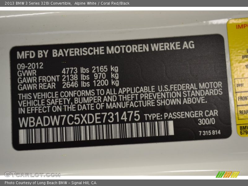 2013 3 Series 328i Convertible Alpine White Color Code 300