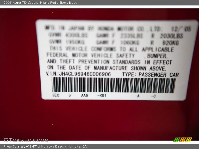 Milano Red / Ebony Black 2006 Acura TSX Sedan