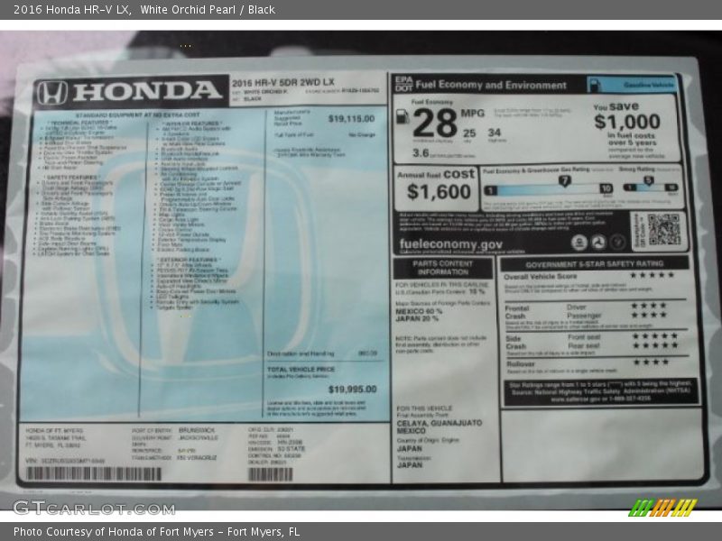  2016 HR-V LX Window Sticker