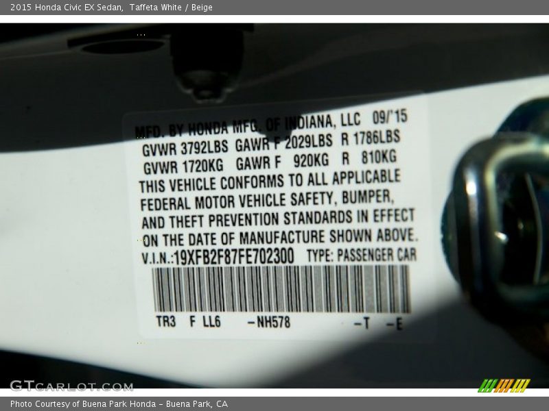 Taffeta White / Beige 2015 Honda Civic EX Sedan