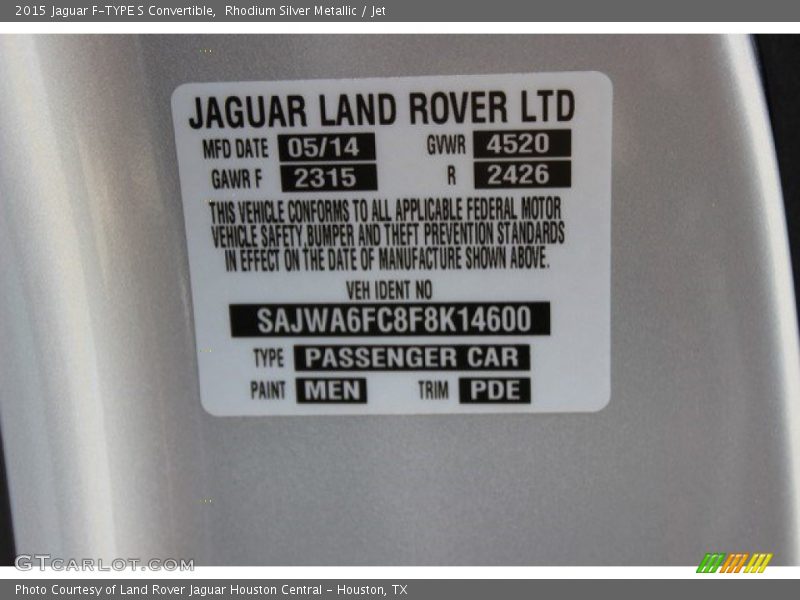 2015 F-TYPE S Convertible Rhodium Silver Metallic Color Code MEN