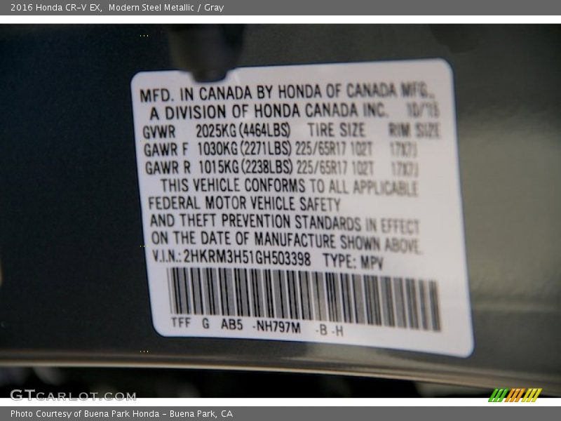 Modern Steel Metallic / Gray 2016 Honda CR-V EX