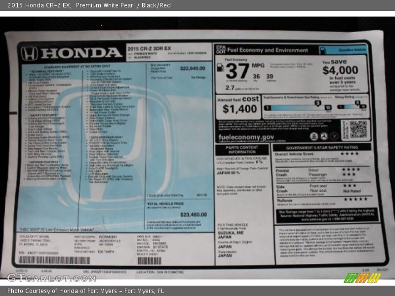  2015 CR-Z EX Window Sticker