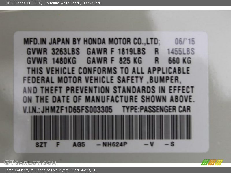 2015 CR-Z EX Premium White Pearl Color Code NH624P