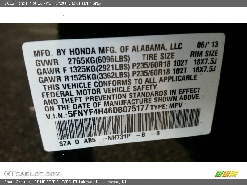 Crystal Black Pearl / Gray 2013 Honda Pilot EX 4WD