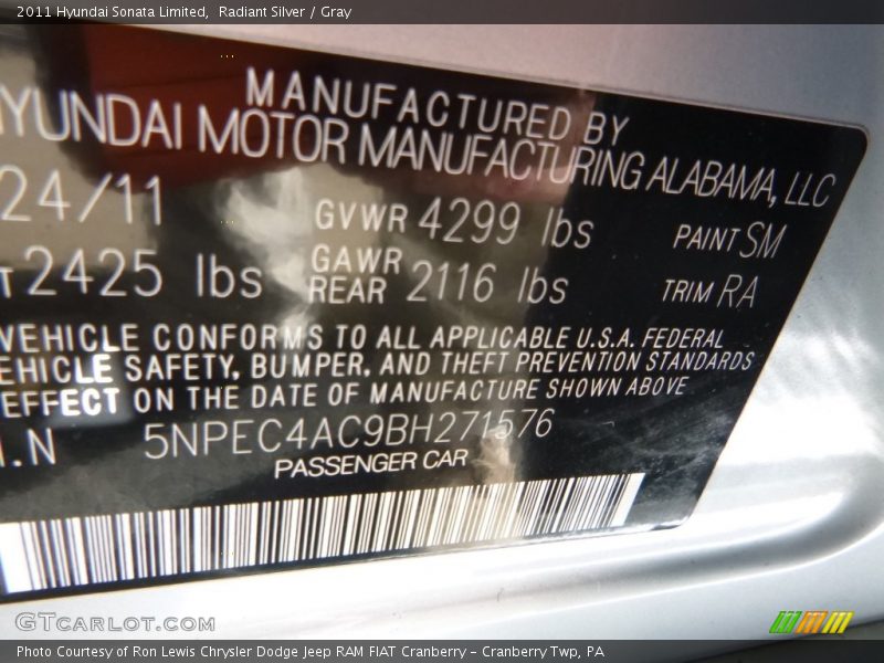 Radiant Silver / Gray 2011 Hyundai Sonata Limited