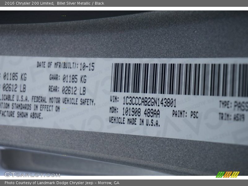 Billet Silver Metallic / Black 2016 Chrysler 200 Limited
