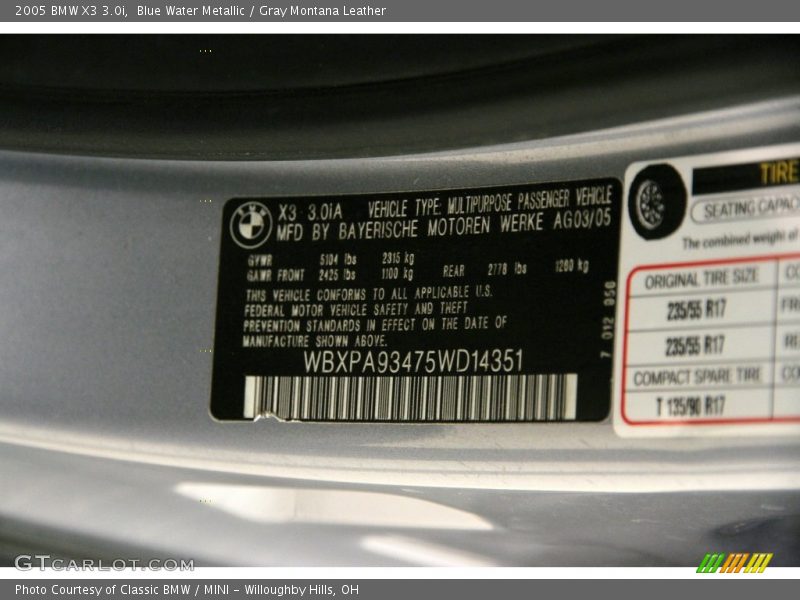 Blue Water Metallic / Gray Montana Leather 2005 BMW X3 3.0i