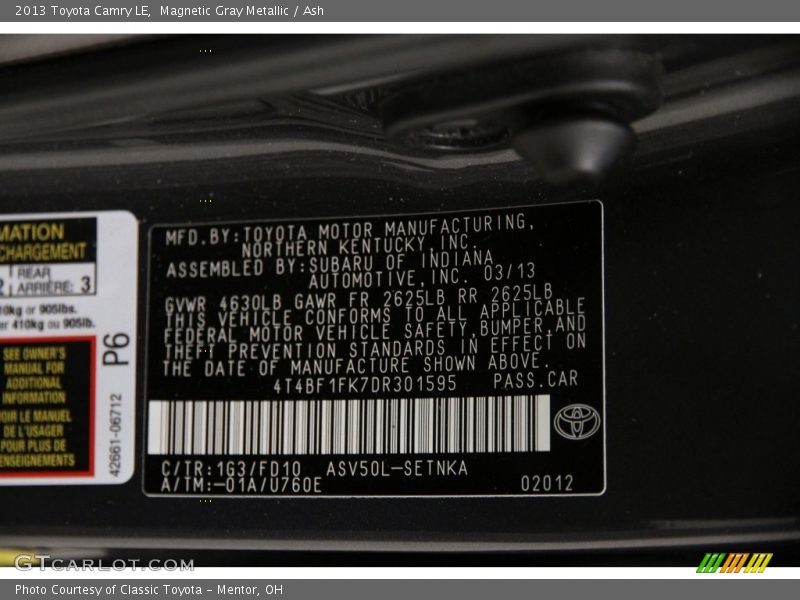 Magnetic Gray Metallic / Ash 2013 Toyota Camry LE