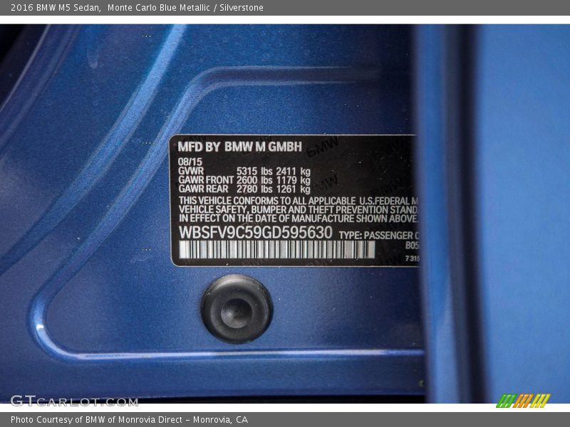 2016 M5 Sedan Monte Carlo Blue Metallic Color Code B05