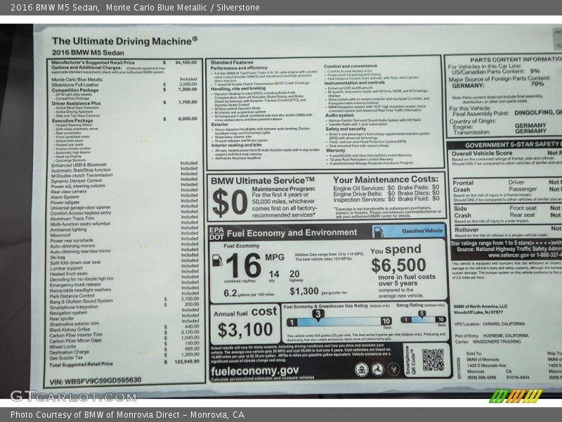  2016 M5 Sedan Window Sticker