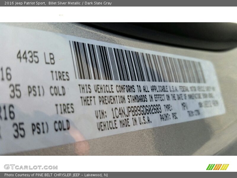 Billet Silver Metallic / Dark Slate Gray 2016 Jeep Patriot Sport