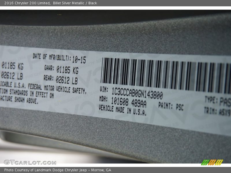 Billet Silver Metallic / Black 2016 Chrysler 200 Limited