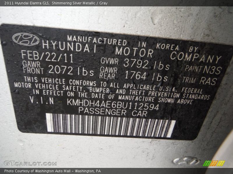 Shimmering Silver Metallic / Gray 2011 Hyundai Elantra GLS