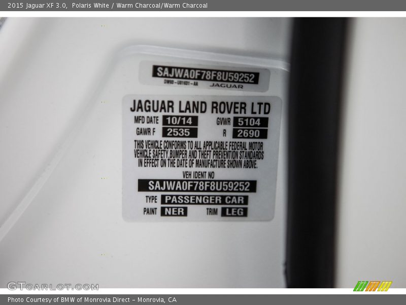 Polaris White / Warm Charcoal/Warm Charcoal 2015 Jaguar XF 3.0