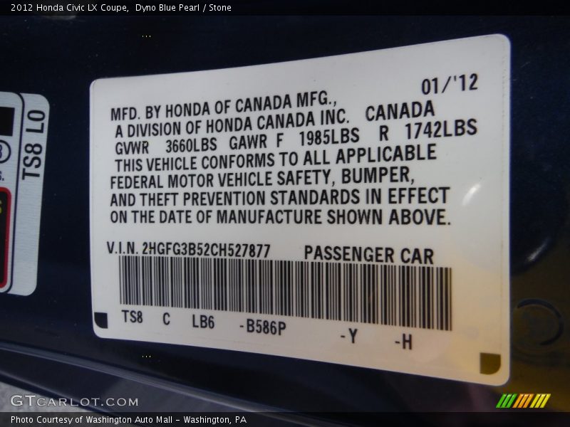 Dyno Blue Pearl / Stone 2012 Honda Civic LX Coupe
