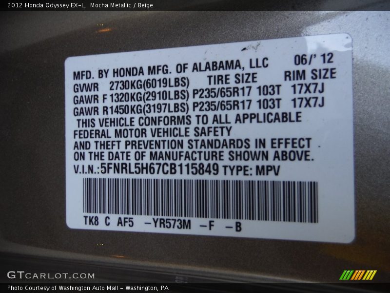 Mocha Metallic / Beige 2012 Honda Odyssey EX-L