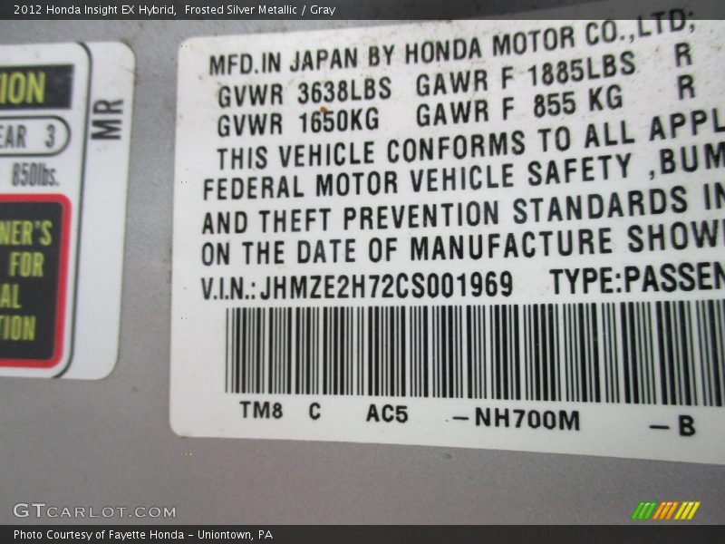 Frosted Silver Metallic / Gray 2012 Honda Insight EX Hybrid
