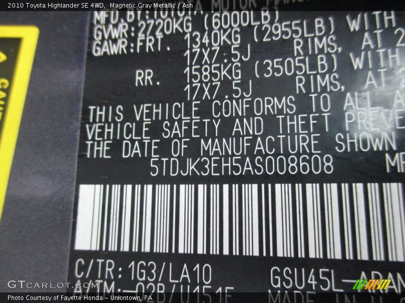 Magnetic Gray Metallic / Ash 2010 Toyota Highlander SE 4WD