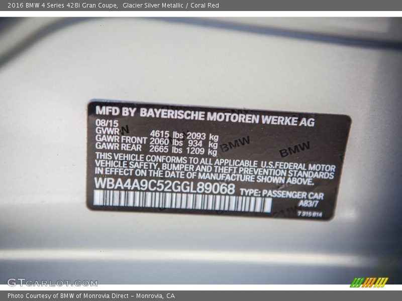 2016 4 Series 428i Gran Coupe Glacier Silver Metallic Color Code A83