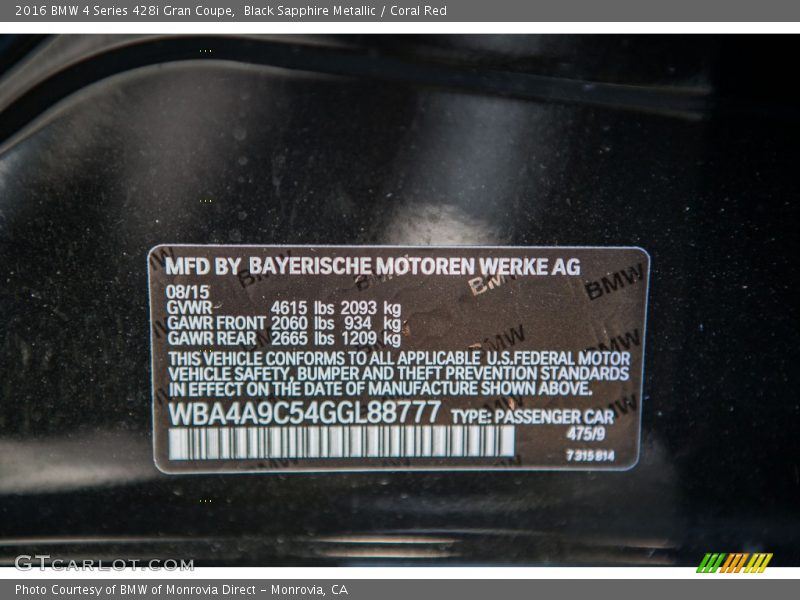 2016 4 Series 428i Gran Coupe Black Sapphire Metallic Color Code 475