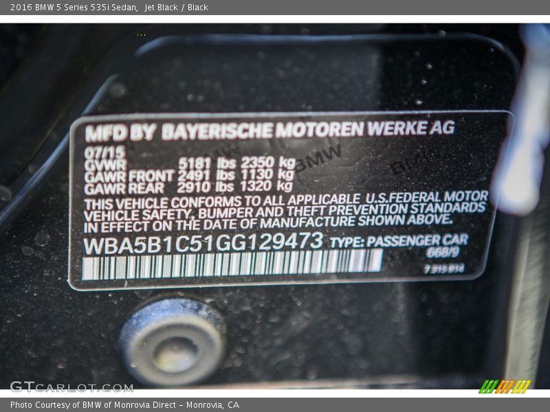 Jet Black / Black 2016 BMW 5 Series 535i Sedan