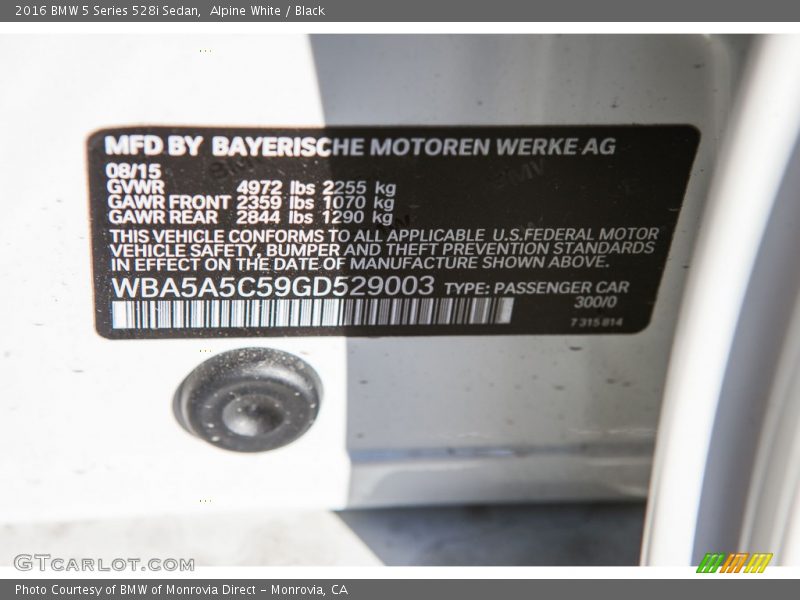 2016 5 Series 528i Sedan Alpine White Color Code 300