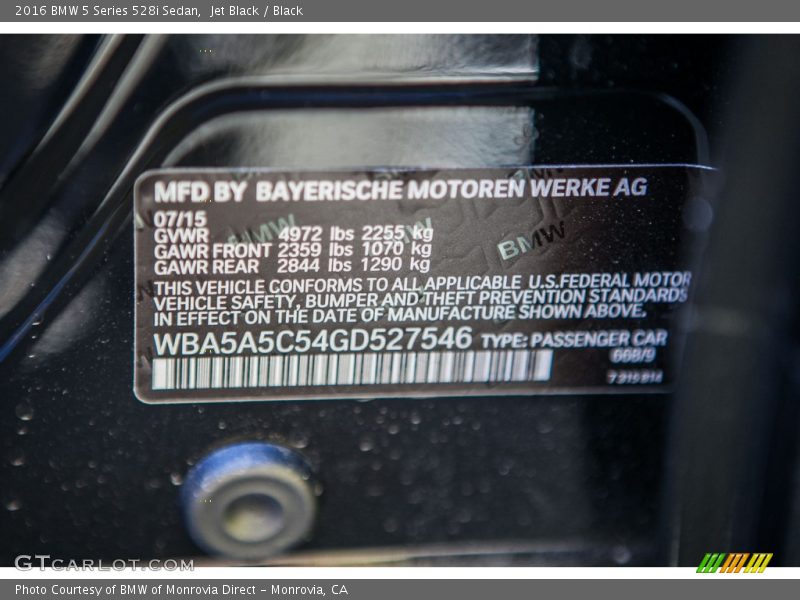 2016 5 Series 528i Sedan Jet Black Color Code 668