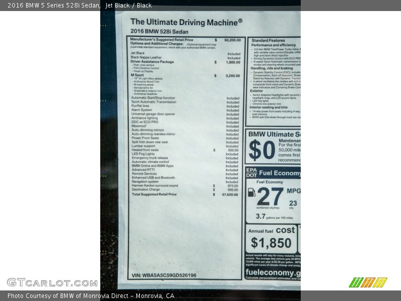  2016 5 Series 528i Sedan Window Sticker