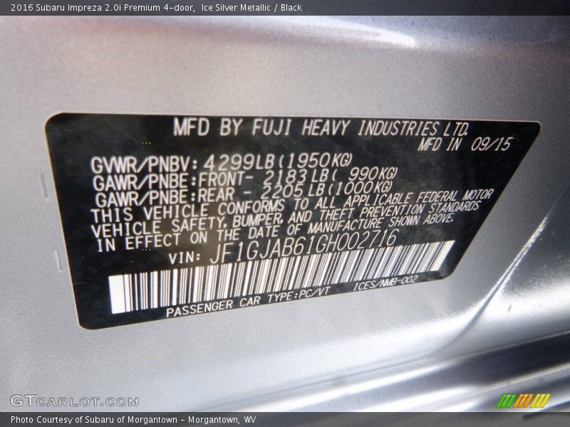 Ice Silver Metallic / Black 2016 Subaru Impreza 2.0i Premium 4-door