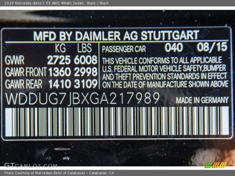 2016 S 63 AMG 4Matic Sedan Black Color Code 040