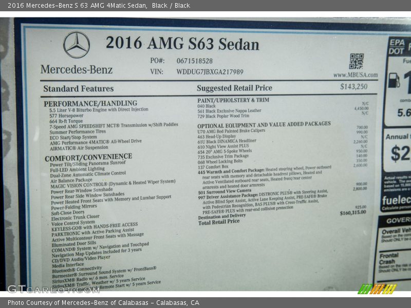  2016 S 63 AMG 4Matic Sedan Window Sticker